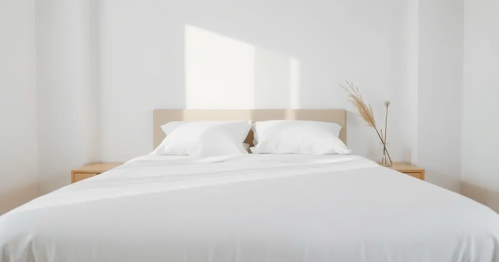 cama arrumada com roupa de cama branca e dois travesseiros em quarto claro