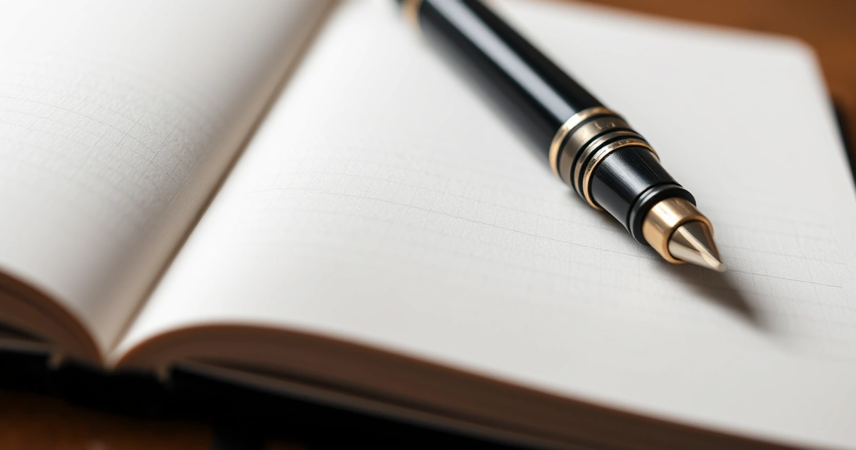Caneta apoiada sobre um caderno aberto, em close