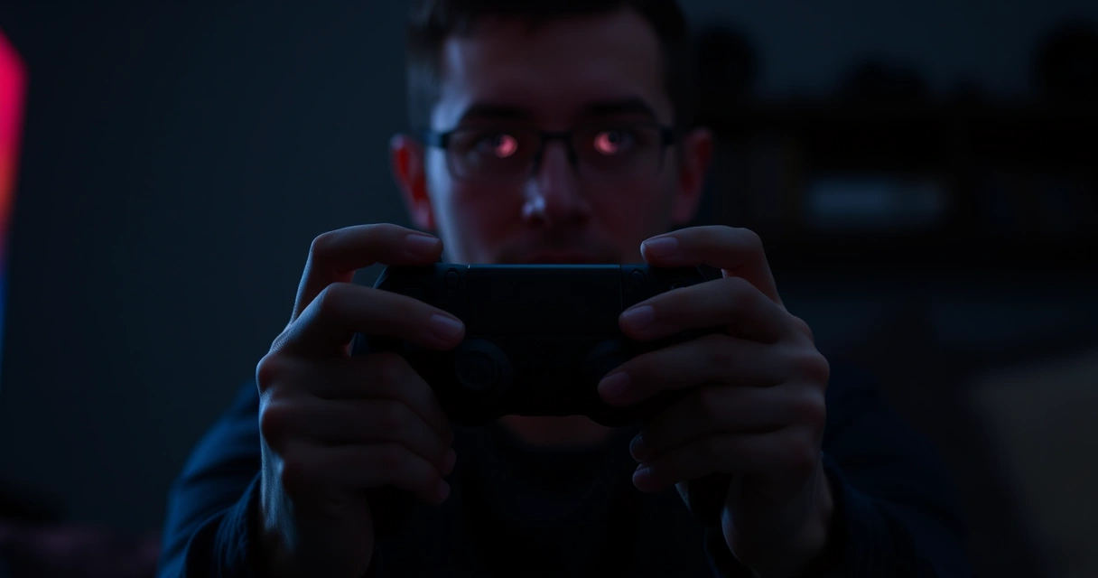 Mãos segurando um controle de videogame, com o brilho da tela ao fundo