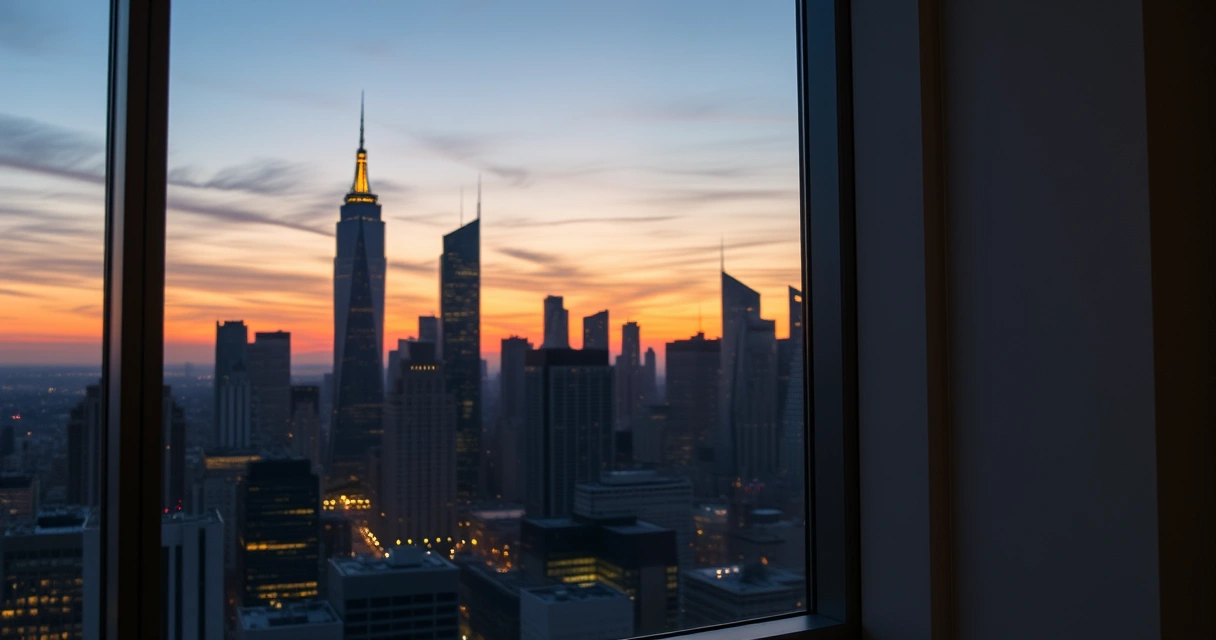 Janela de escritório com vista para a cidade ao anoitecer