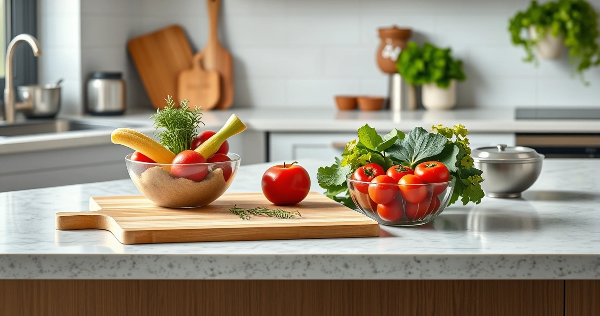 Bancada de cozinha com tábua, tigelas e legumes frescos