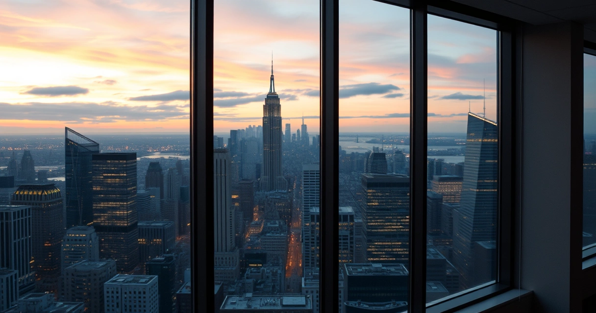 Janela de escritório com vista para a cidade ao anoitecer