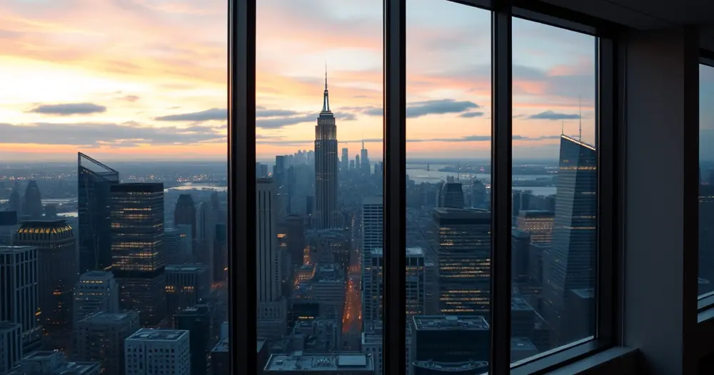 Janela de escritório com vista para a cidade ao anoitecer