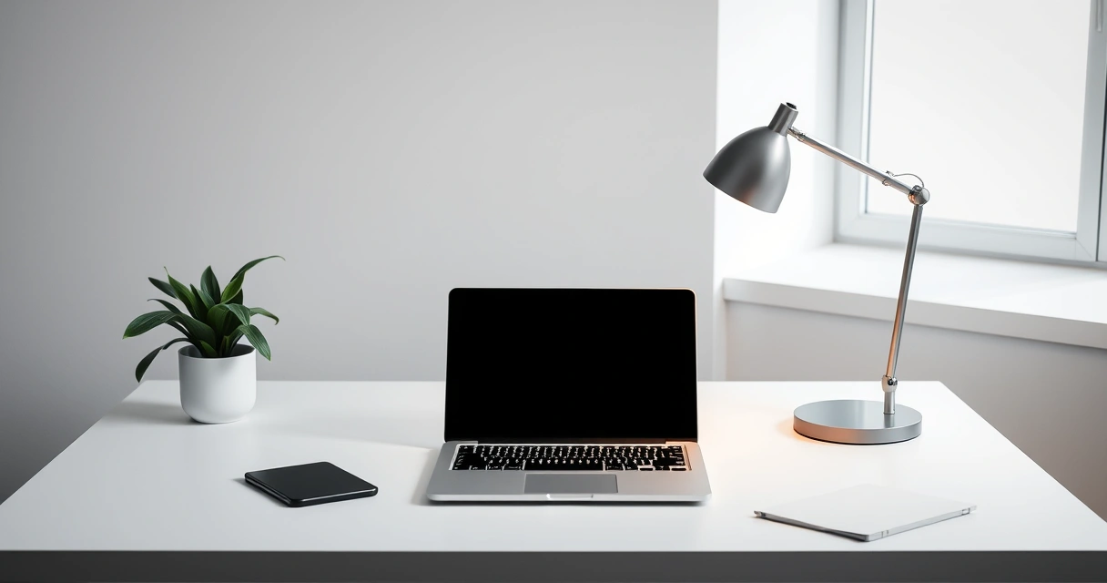 Estação de trabalho organizada, com notebook, luminária e planta