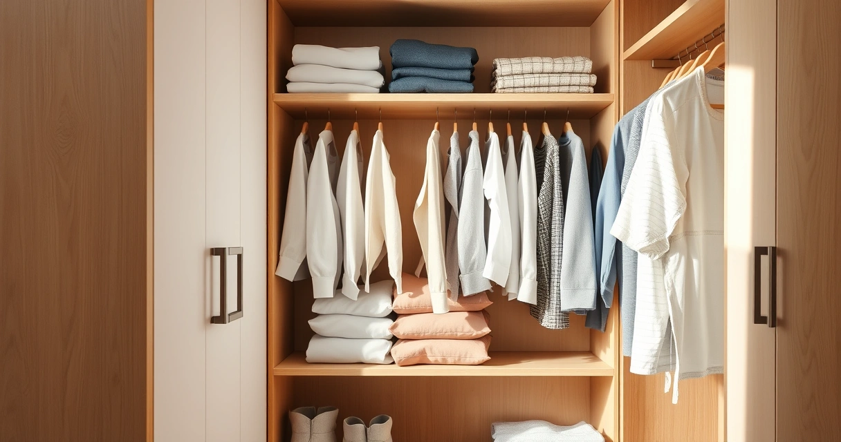 Roupas dobradas com cuidado dentro de um guarda-roupa aberto