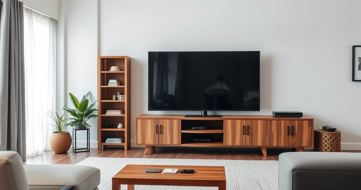 Televisão grande sobre rack de madeira numa sala moderna