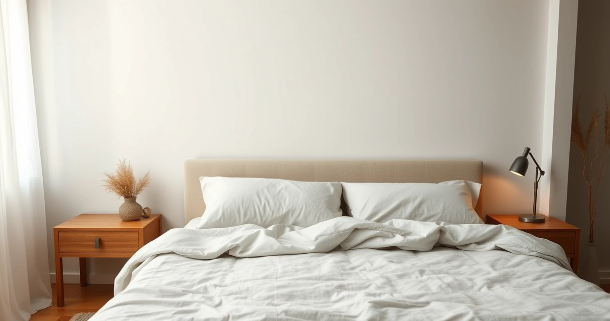 Cama arrumada com roupa de cama clara num quarto tranquilo