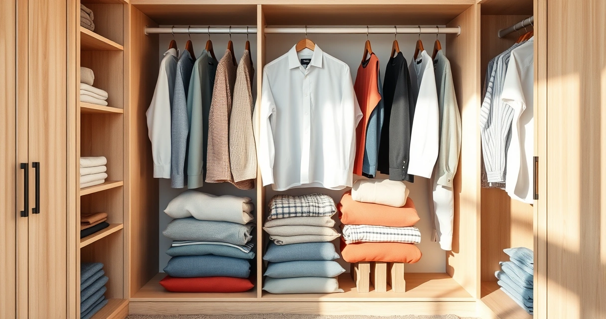 Roupas dobradas com cuidado dentro de um guarda-roupa aberto