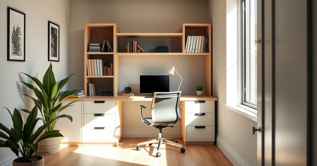 Escritório compacto em casa, com mesa, cadeira e prateleiras
