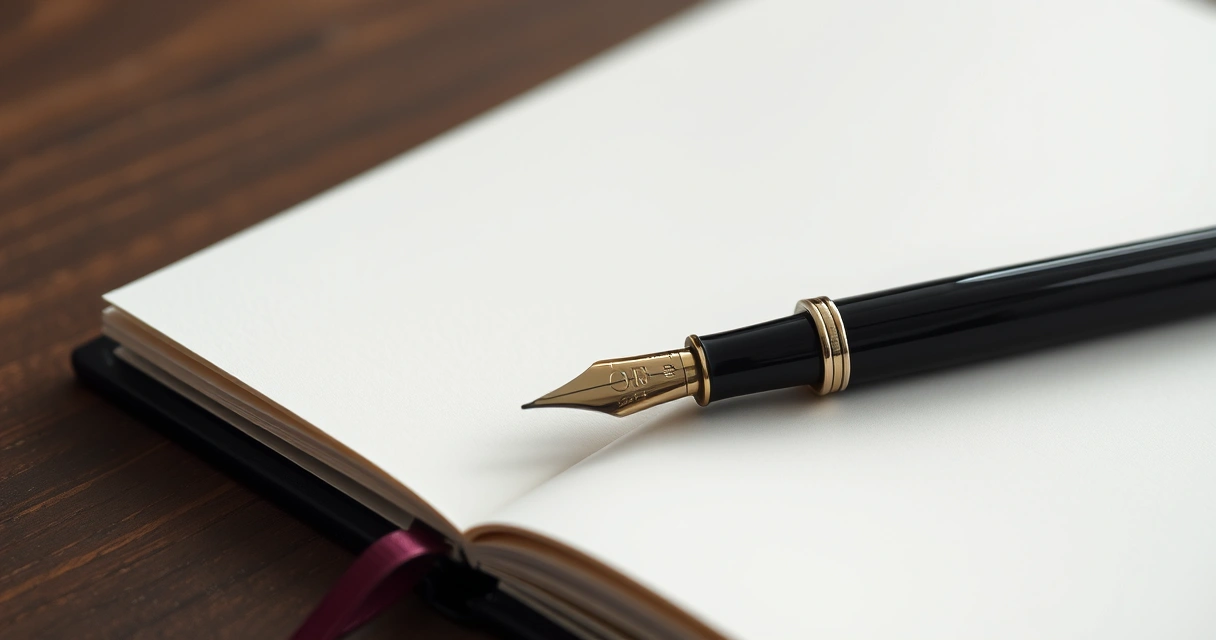 Caneta apoiada sobre um caderno aberto, em close