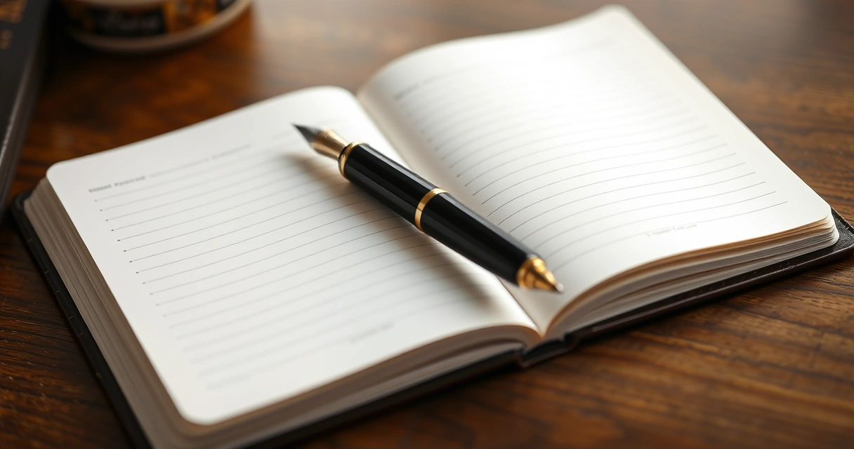 Caneta apoiada sobre um caderno aberto, em close