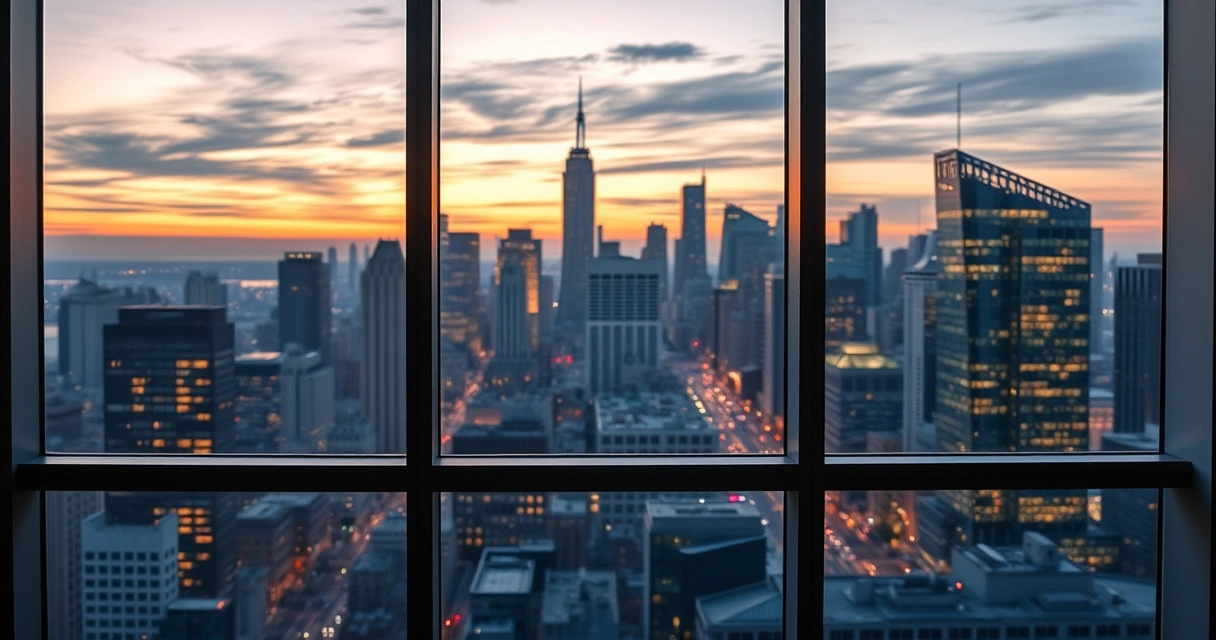 Janela de escritório com vista para a cidade ao anoitecer