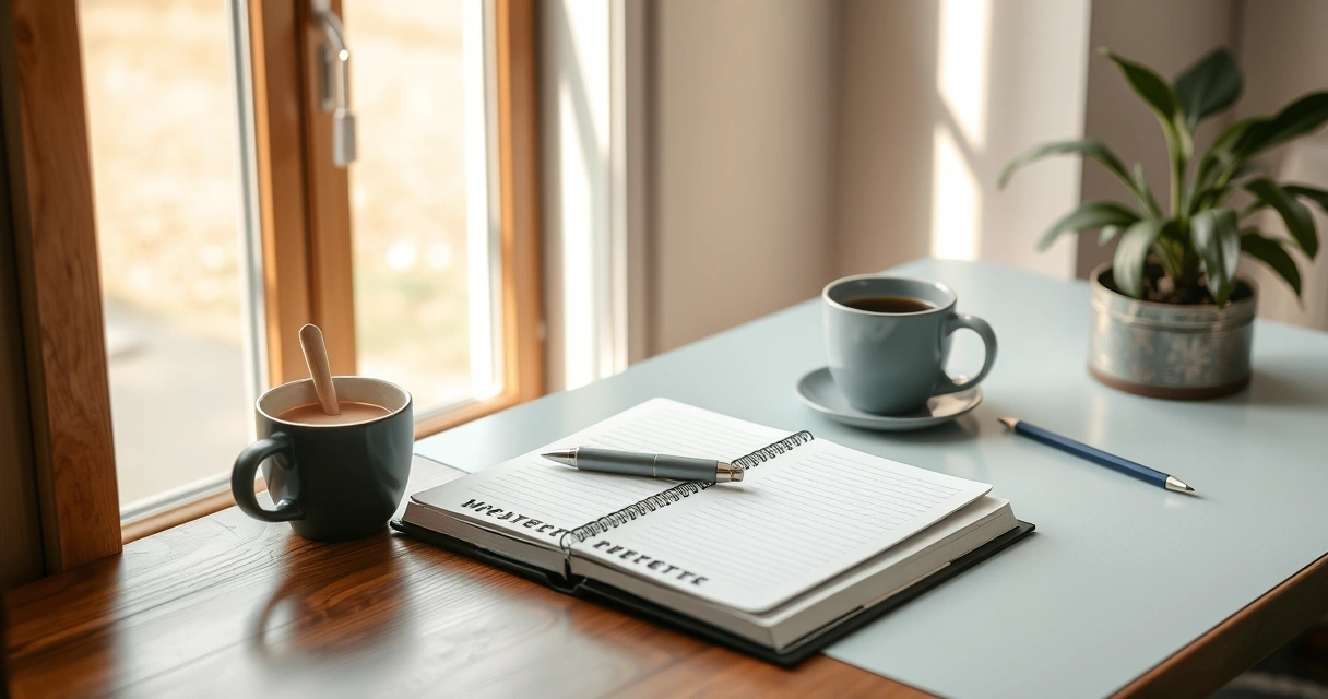 Escrivaninha organizada com caderno, caneta e xícara de café