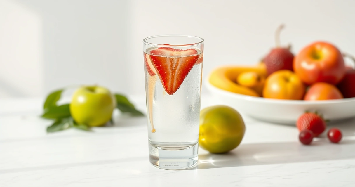 Copo de água e frutas frescas sobre uma mesa clara