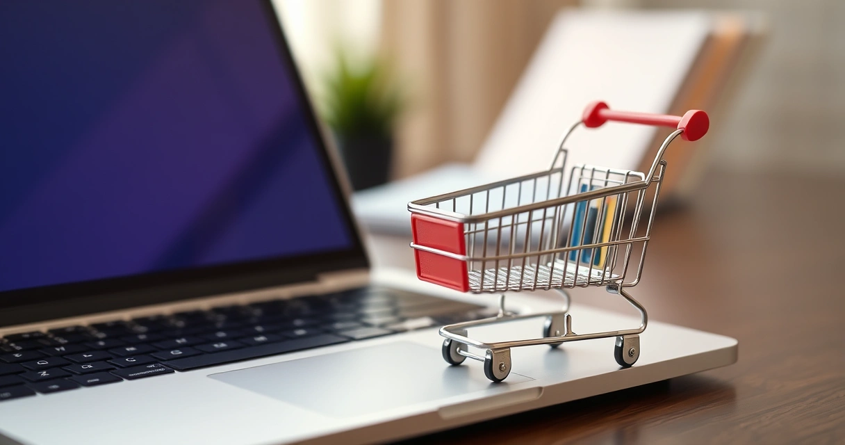 Carrinho de compras em miniatura ao lado de um notebook