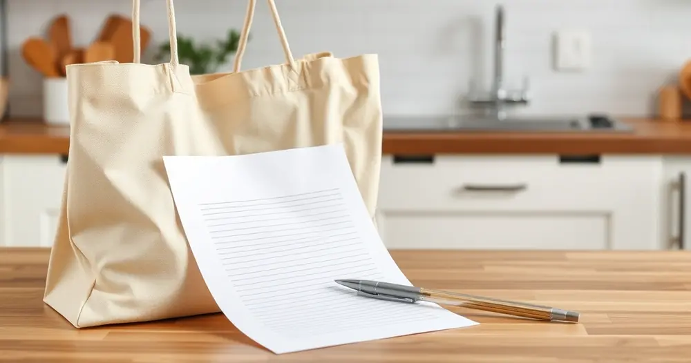 Lista de papel e caneta ao lado de uma sacola na bancada da cozinha