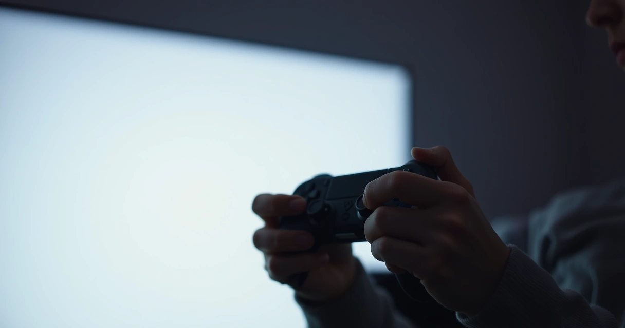 Mãos segurando um controle de videogame, com o brilho da tela ao fundo
