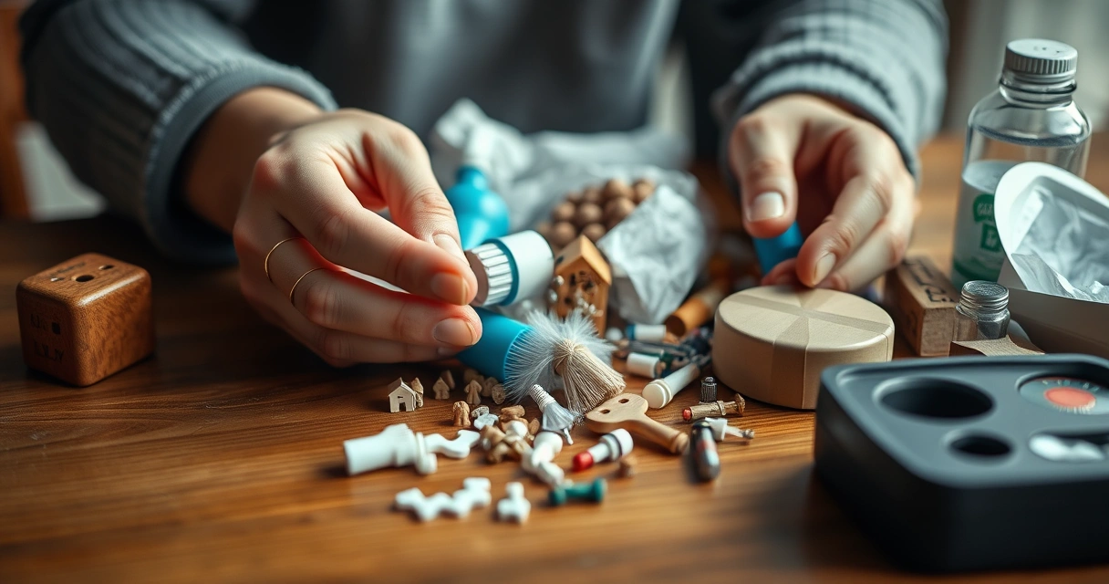 Mãos separando pequenos objetos domésticos sobre uma mesa de madeira