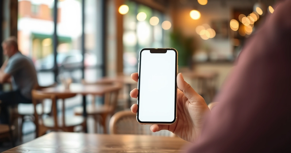 Pessoa segurando um celular na mesa de uma cafeteria