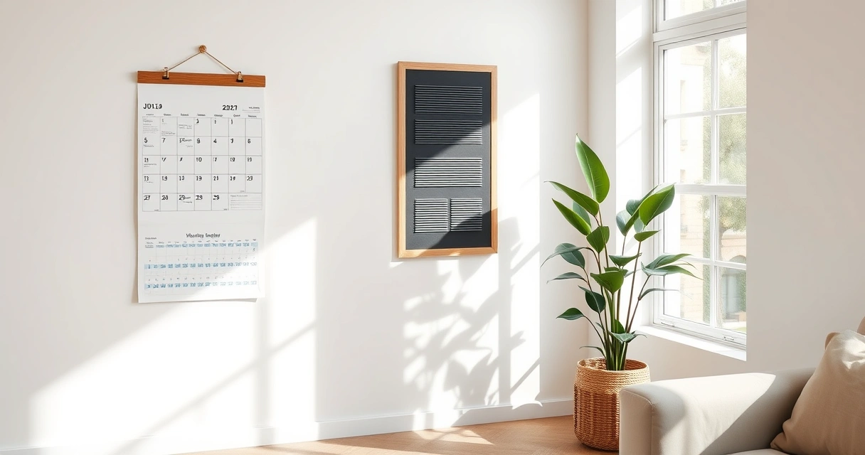 Calendário de parede e um vaso de planta no canto de uma sala