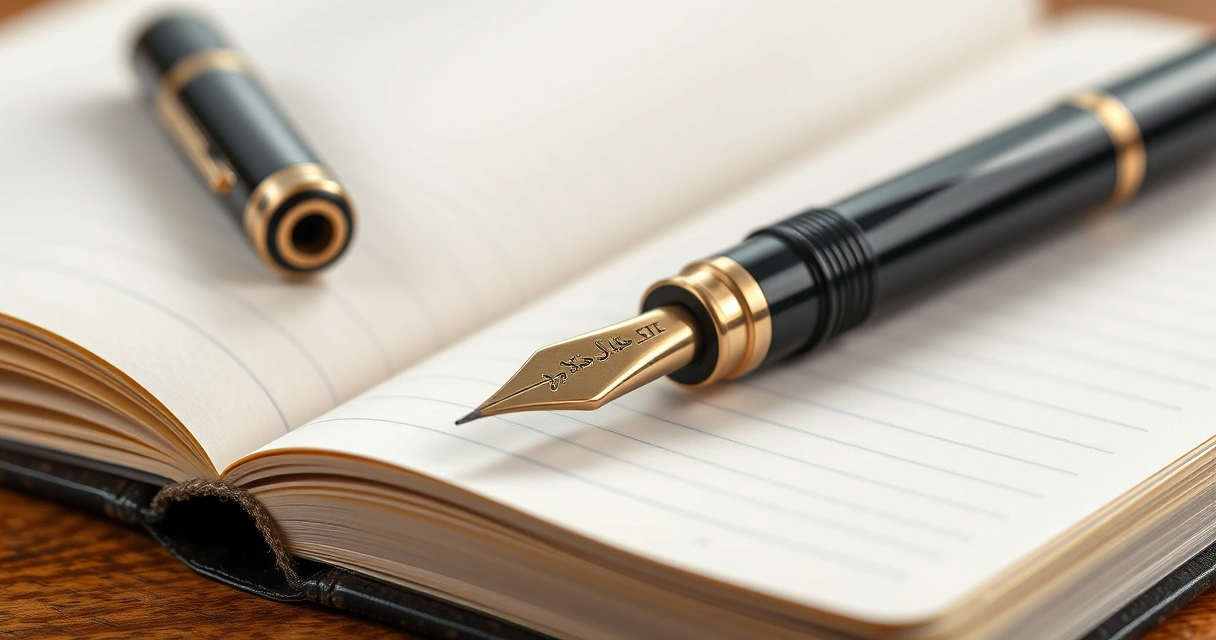 Caneta apoiada sobre um caderno aberto, em close