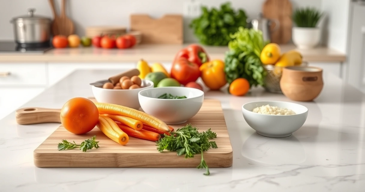 Bancada de cozinha com tábua, tigelas e legumes frescos