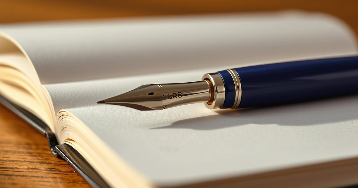 Caneta apoiada sobre um caderno aberto, em close