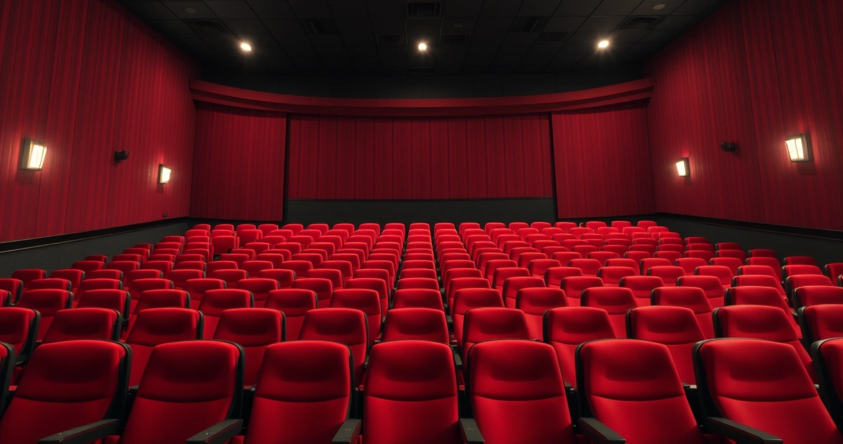 Sala de cinema vazia, com poltronas vermelhas e luz baixa
