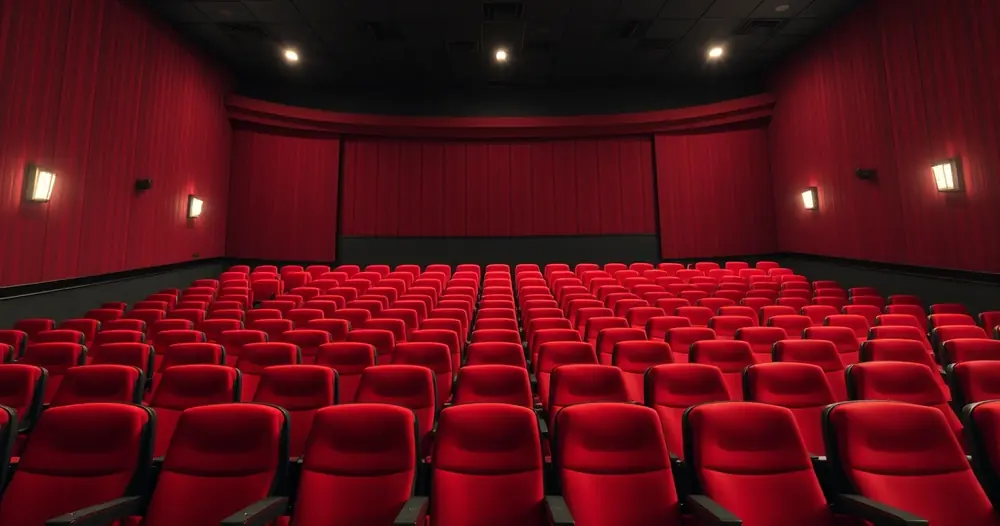Sala de cinema vazia, com poltronas vermelhas e luz baixa