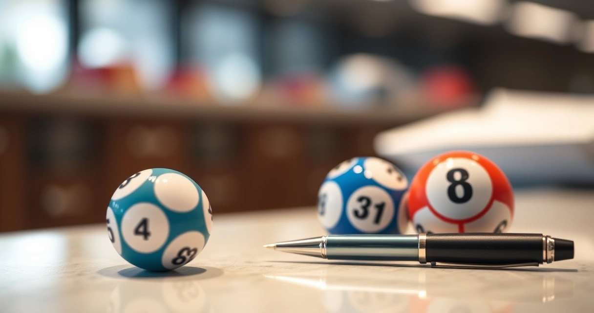 Bolas de sorteio e uma caneta sobre um balcão