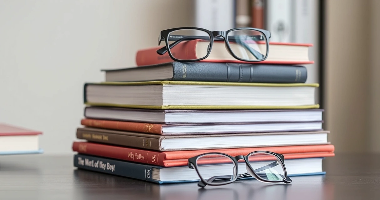Pilha de livros e óculos de leitura sobre uma escrivaninha