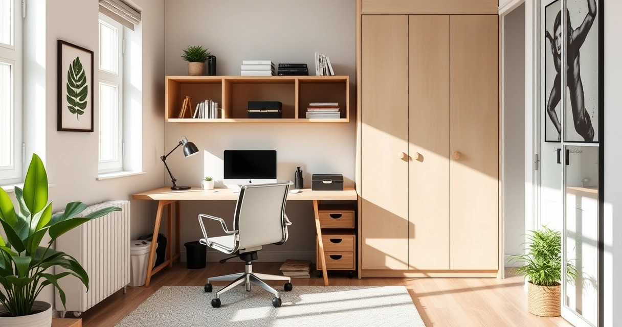 Escritório compacto em casa, com mesa, cadeira e prateleiras