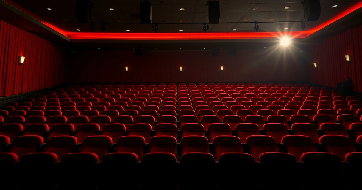 Sala de cinema vazia, com poltronas vermelhas e luz baixa