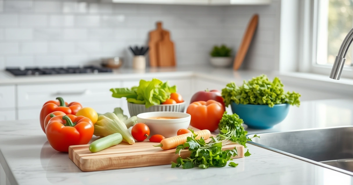 Bancada de cozinha com tábua, tigelas e legumes frescos