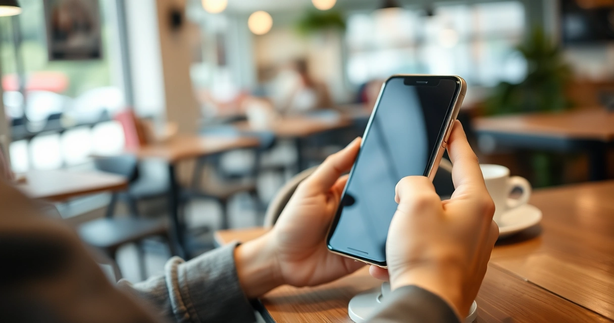 Pessoa segurando um celular na mesa de uma cafeteria