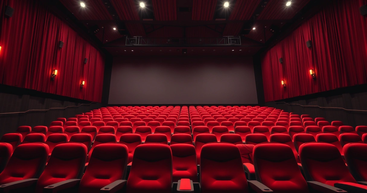 Sala de cinema vazia, com poltronas vermelhas e luz baixa