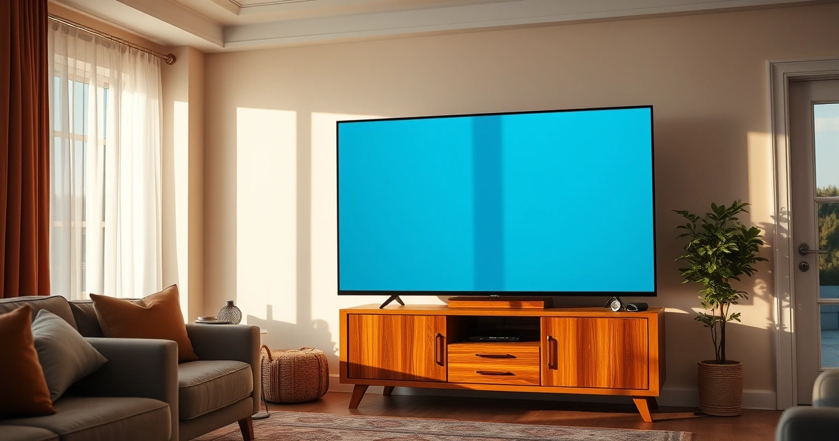Televisão sobre um rack de madeira numa sala arrumada