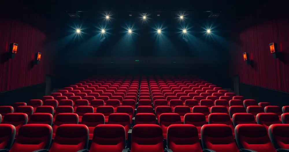 Sala de cinema vazia, com poltronas vermelhas e luz baixa