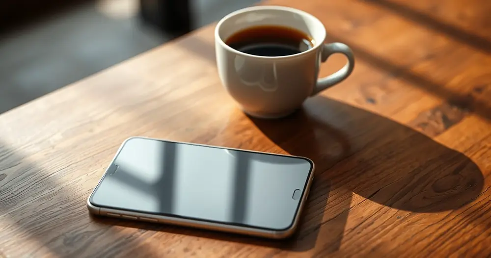 Celular sobre uma mesa de madeira, ao lado de uma xícara de café