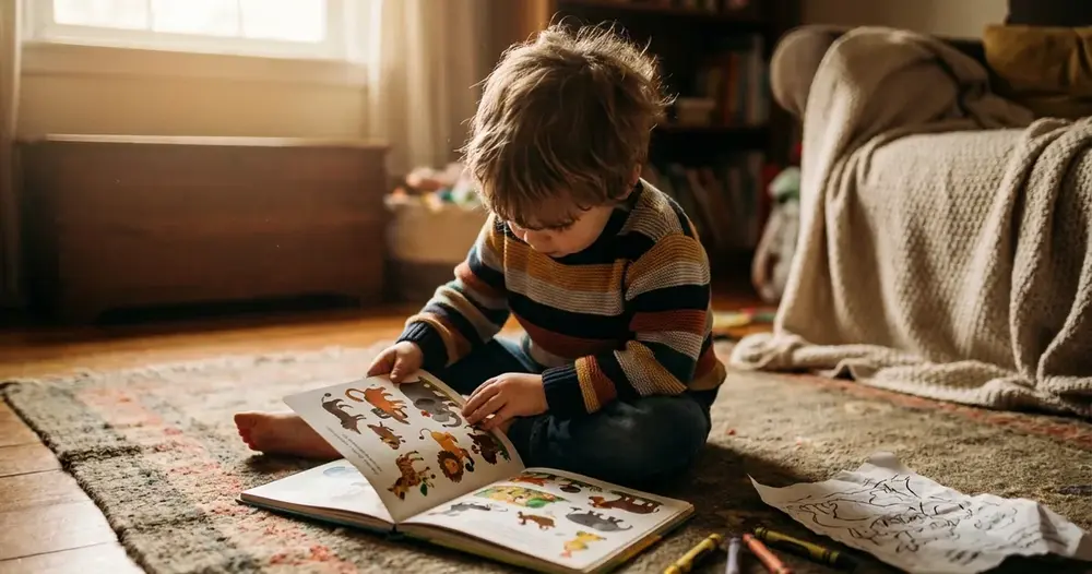 Criança pequena sentada no chão folheando um livro ilustrado com giz de cera ao lado