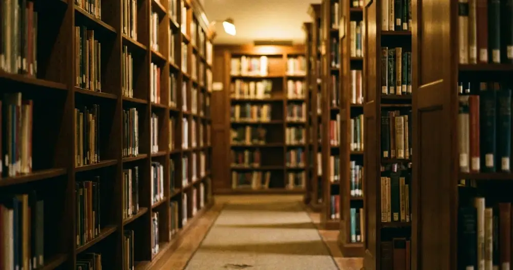 Corredor silencioso de biblioteca com estantes altas de madeira cheias de livros