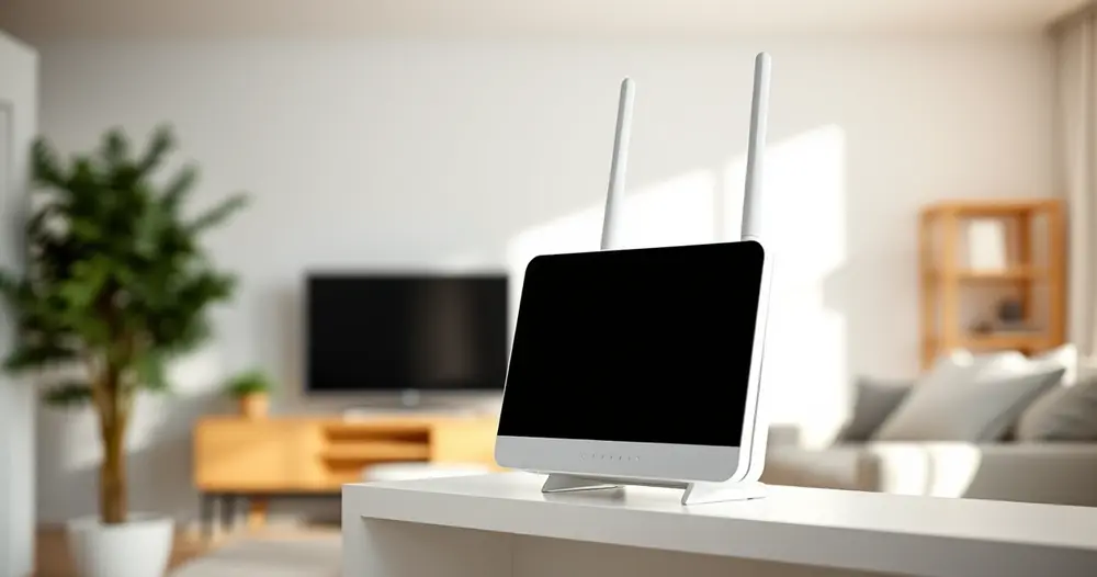 roteador wi-fi branco sobre prateleira em sala de estar iluminada
